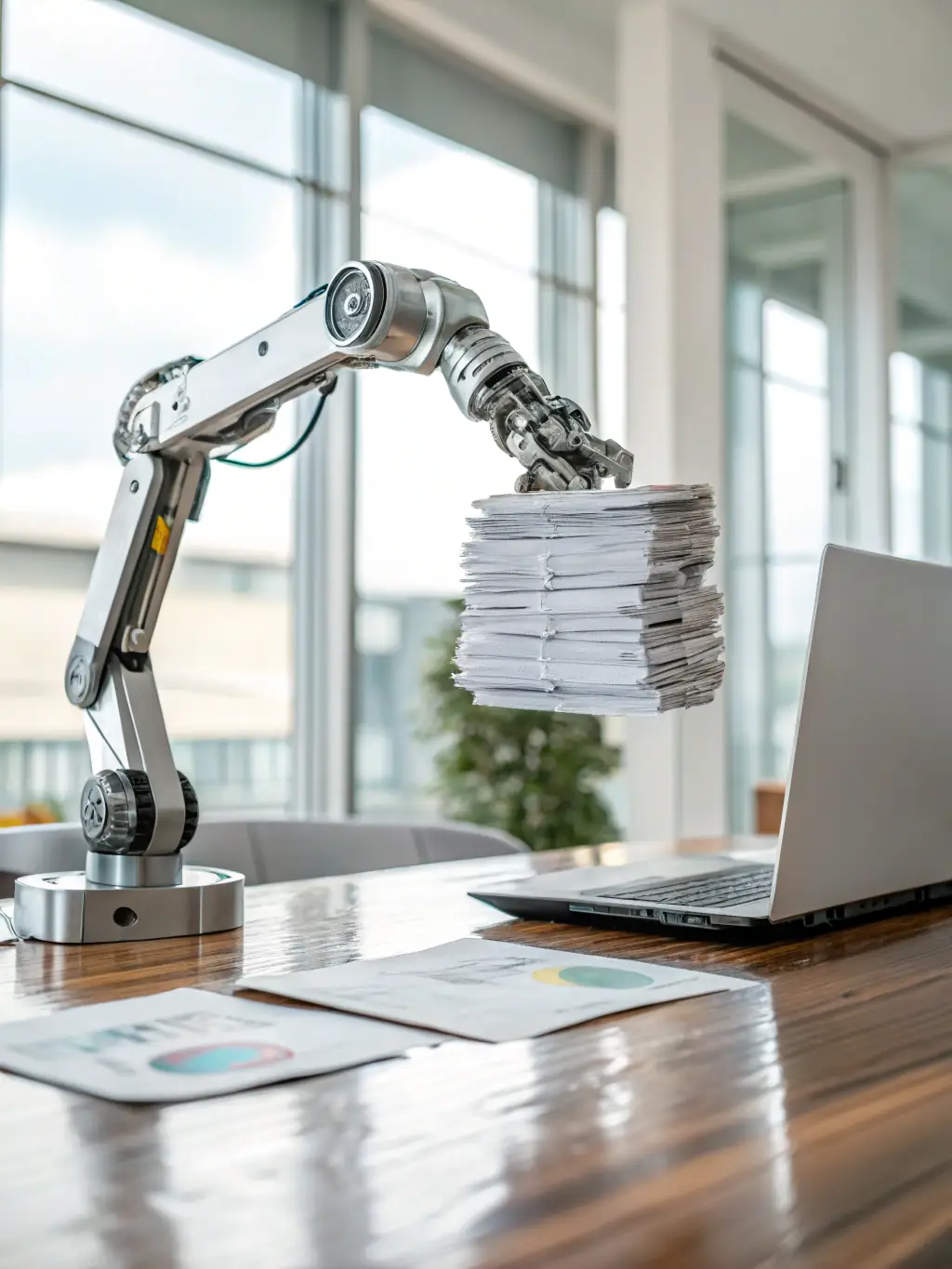 A visually appealing image of a robotic arm working alongside a human employee in a modern office setting, symbolizing the collaboration between automation and human expertise.