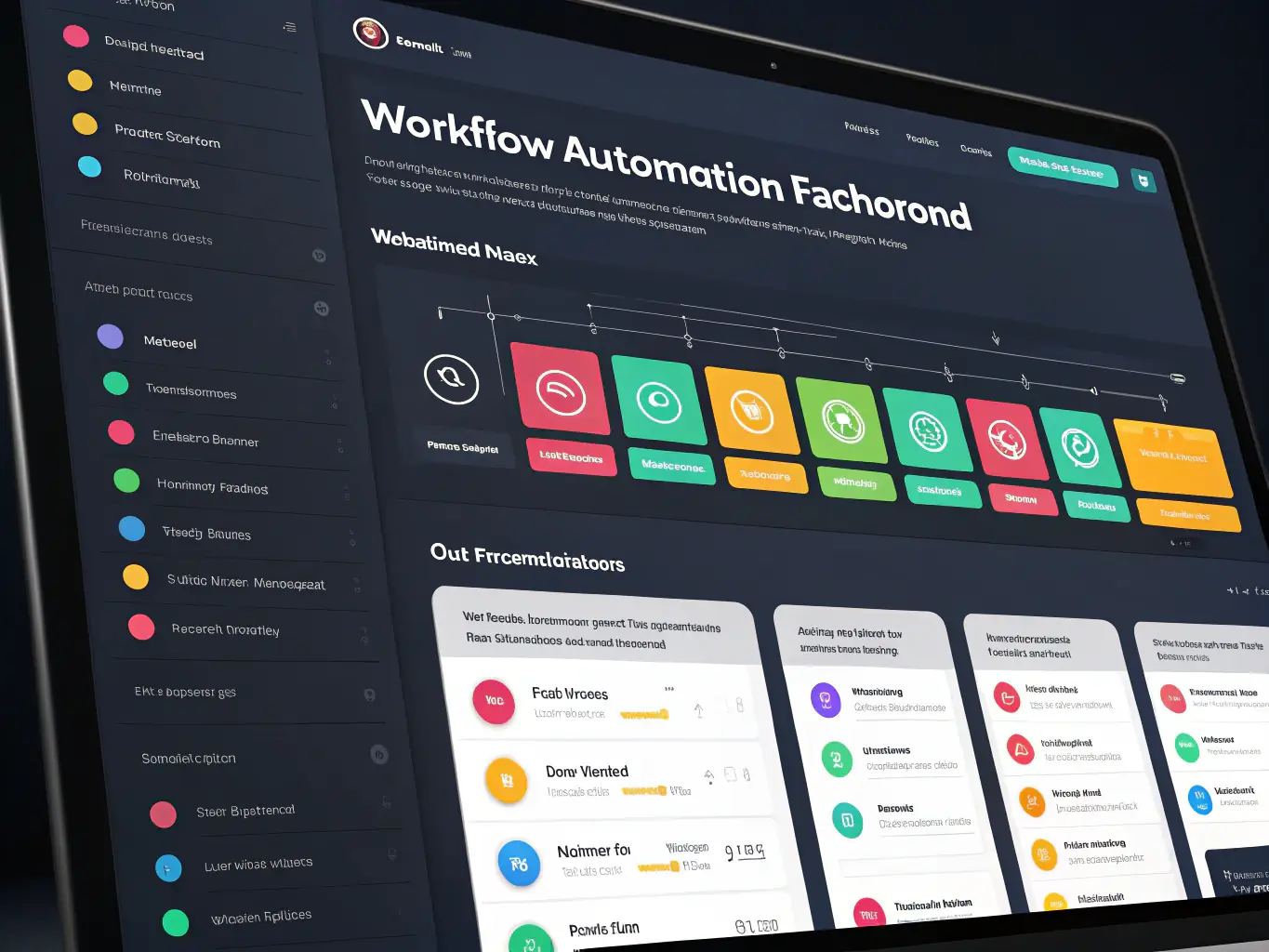 A visual of interconnected digital workflows and automation icons on a sleek dashboard.