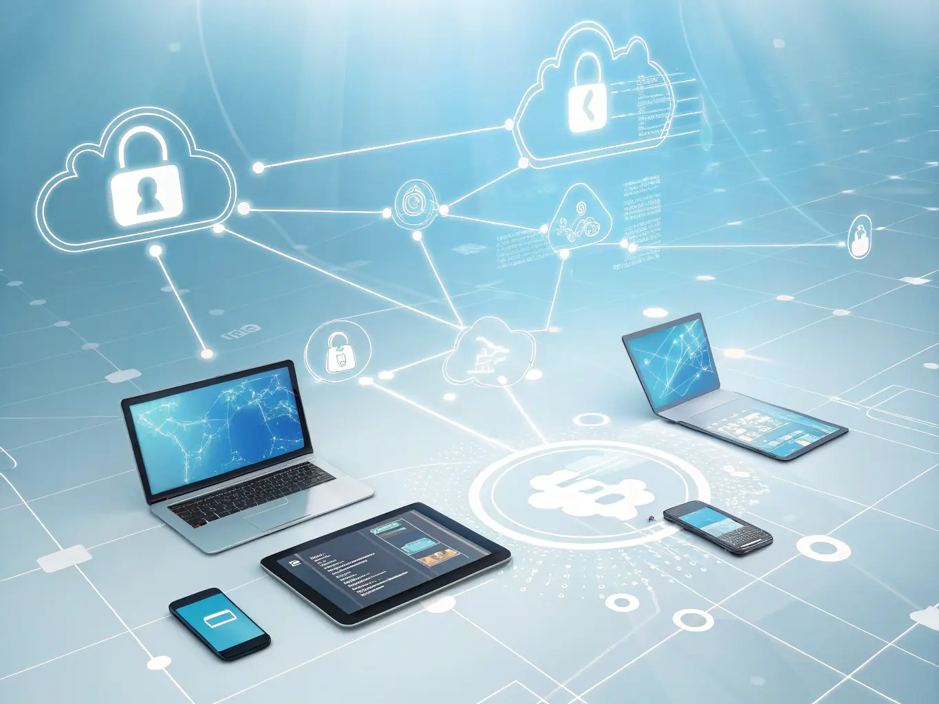 An illustration of a network topology diagram with connected devices and security icons.