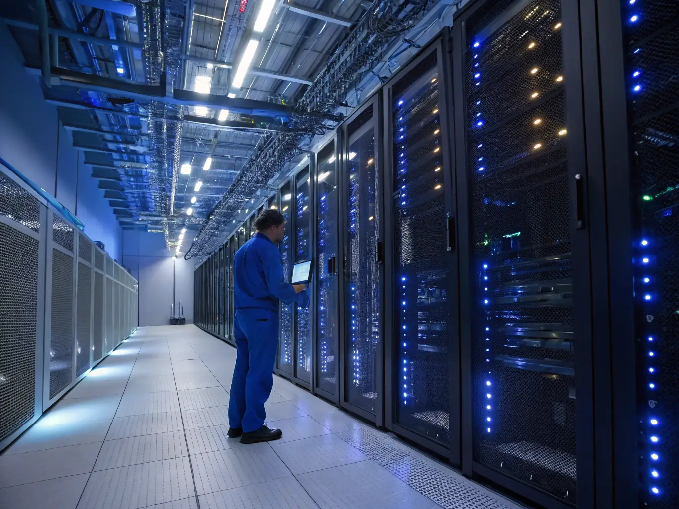 An image of a technician working on servers in a modern data center with Casablanca cityscape in the background.